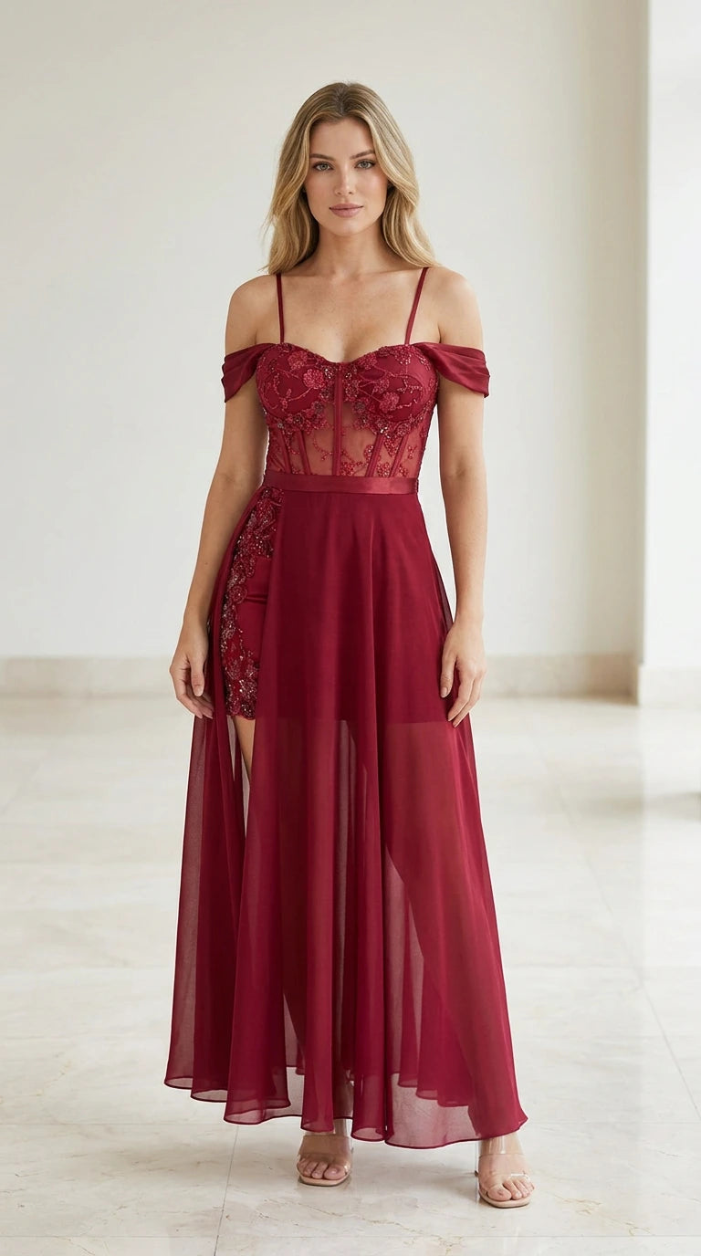 Front view of burgundy off-the-shoulder evening dress