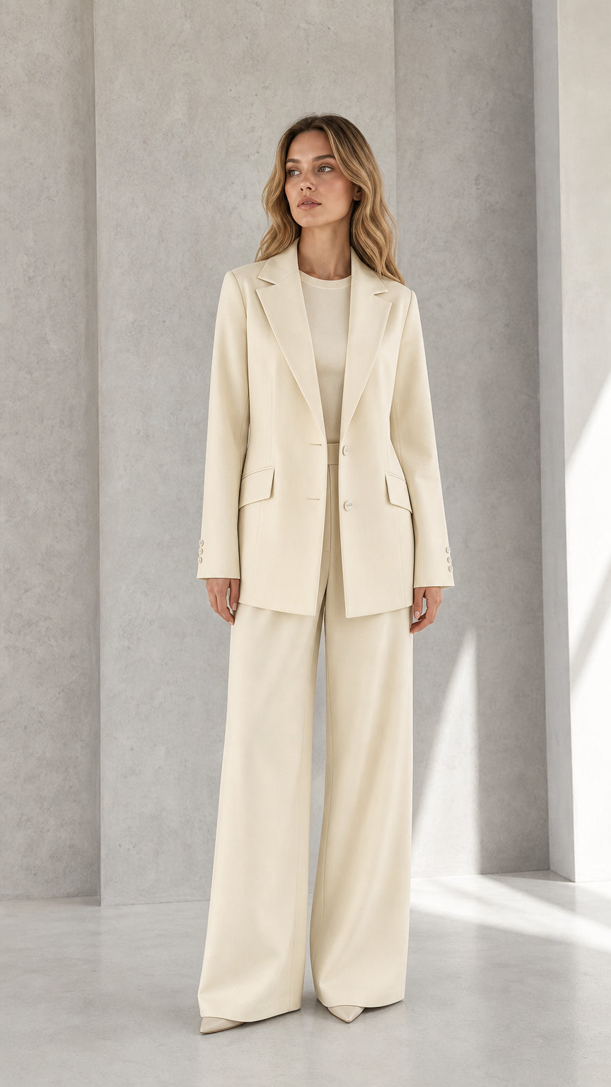 Front view of woman wearing cream tailored blazer and wide-leg trousers suit set