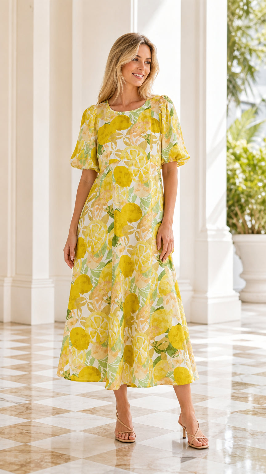 Front view of model wearing yellow citrus floral print midi dress
