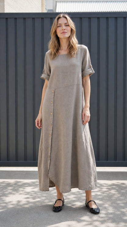 Front view of taupe asymmetrical button-front maxi dress with roll-up sleeves