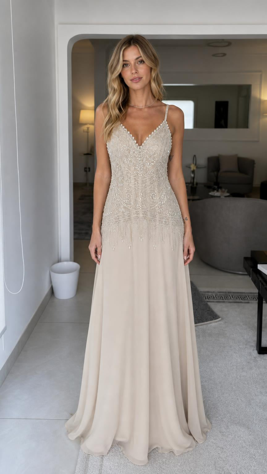 Front view of champagne beaded evening dress