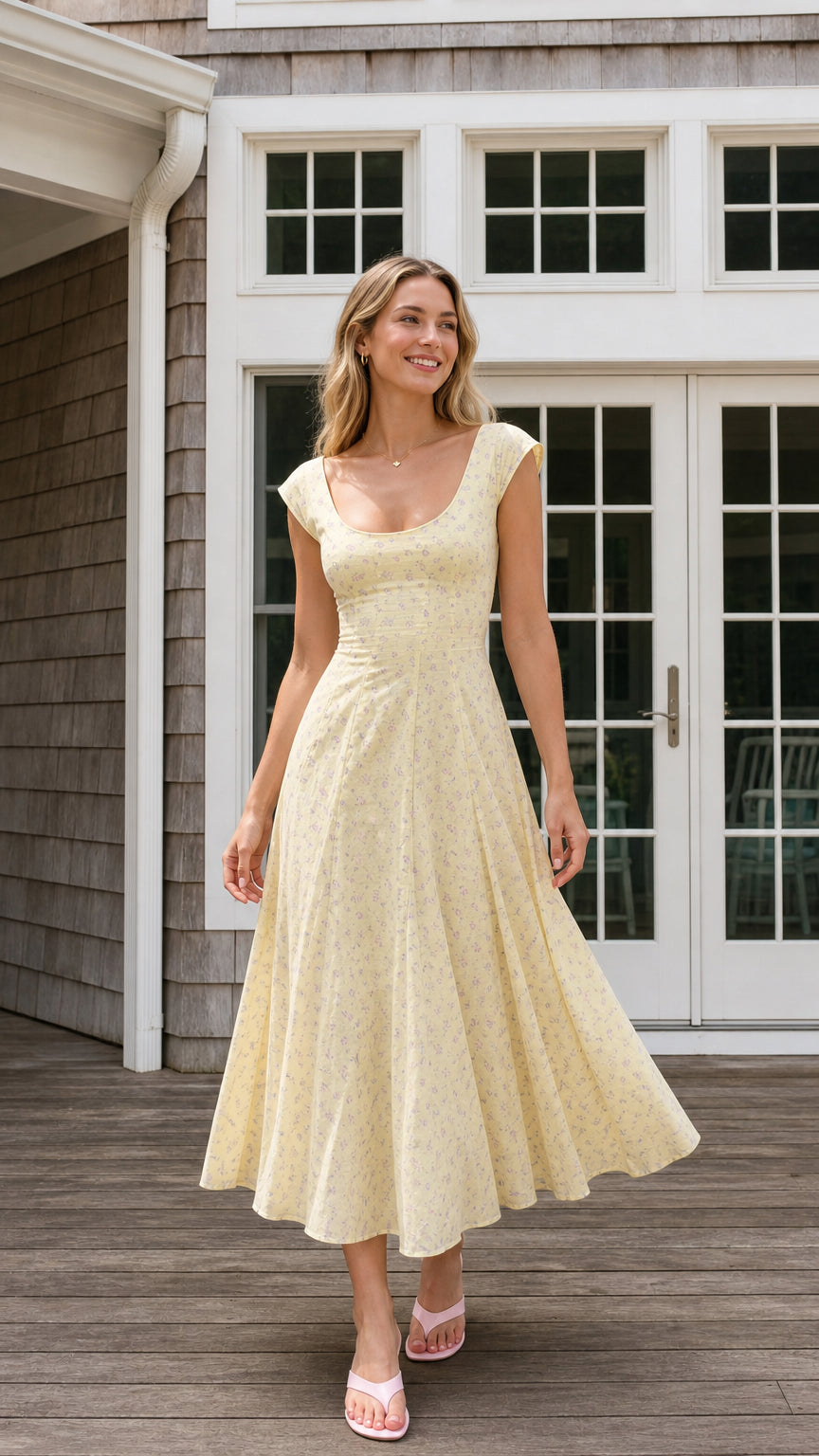 Front view of yellow floral midi dress on model