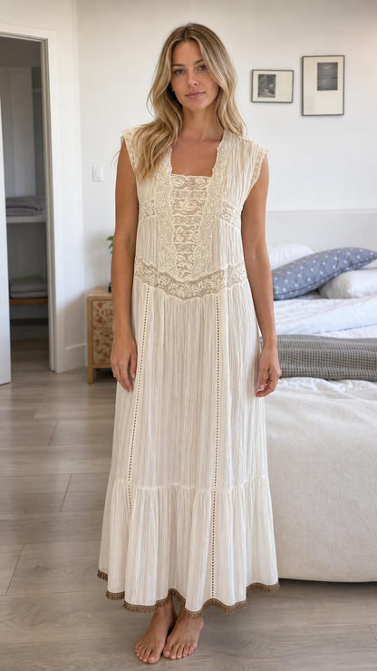 Front view of Cream Bohemian Lace Trim Pleated Maxi Dress