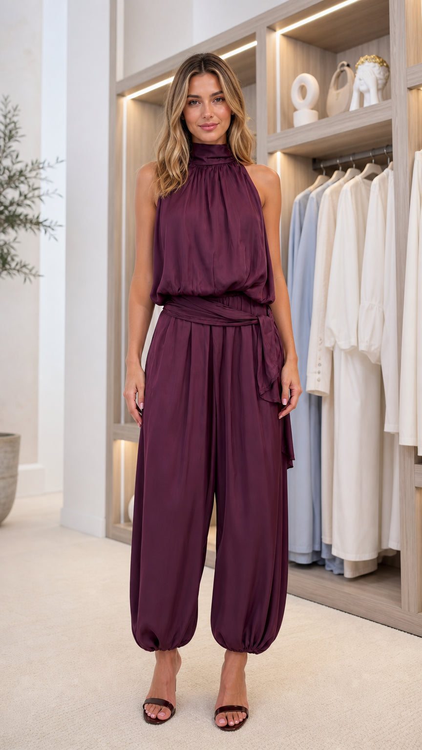 Burgundy sleeveless halter jumpsuit with gathered waist and tapered legs, front view