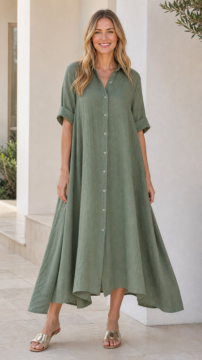 Front view of woman wearing sage green button-down midi shirt dress