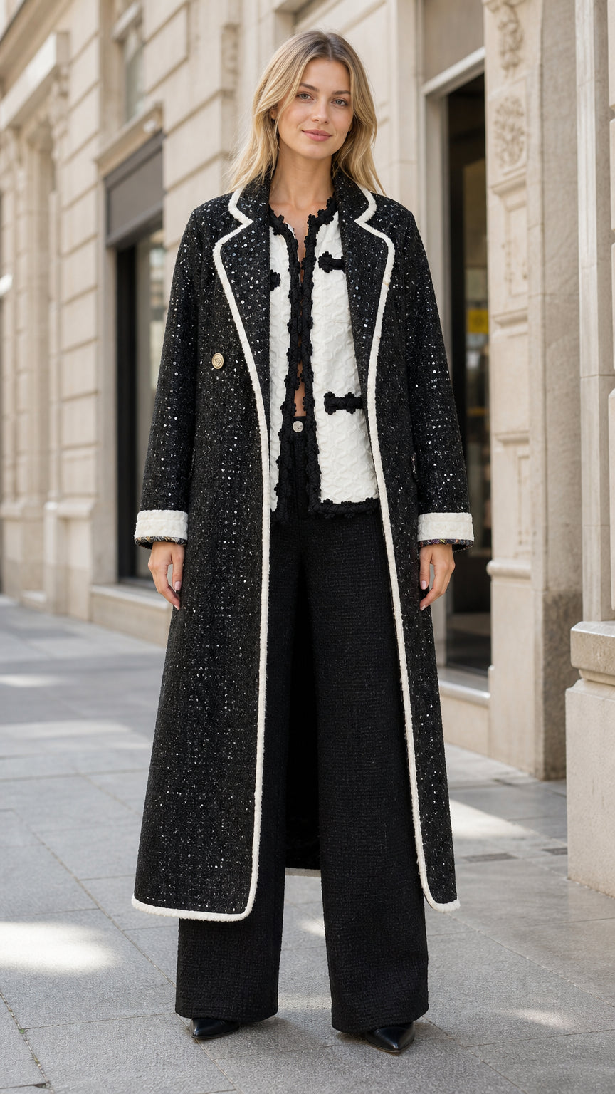 Model wearing black sequin tweed longline overcoat with contrast white trim