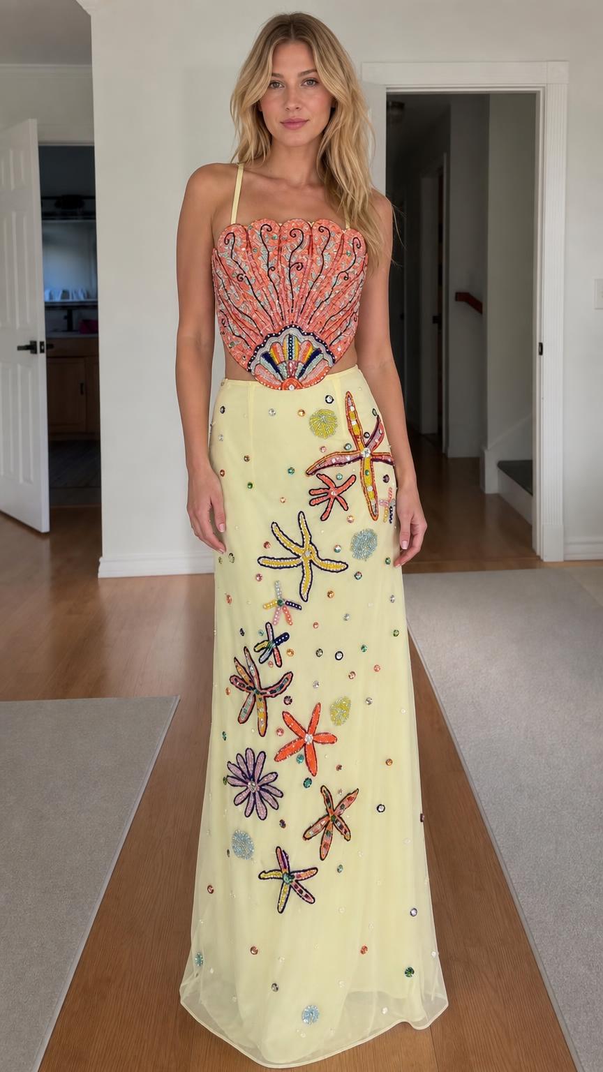 Front view of model wearing yellow beaded seashell two-piece maxi dress