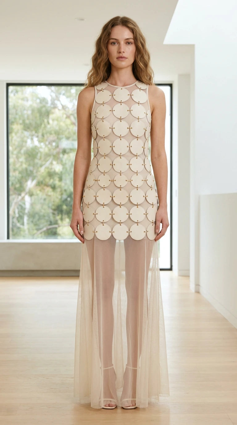 Front view of beige circular disc applique maxi dress