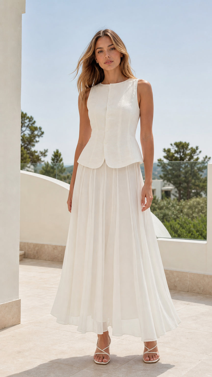 Front view of woman wearing white two-piece sleeveless blouse and pleated maxi skirt set