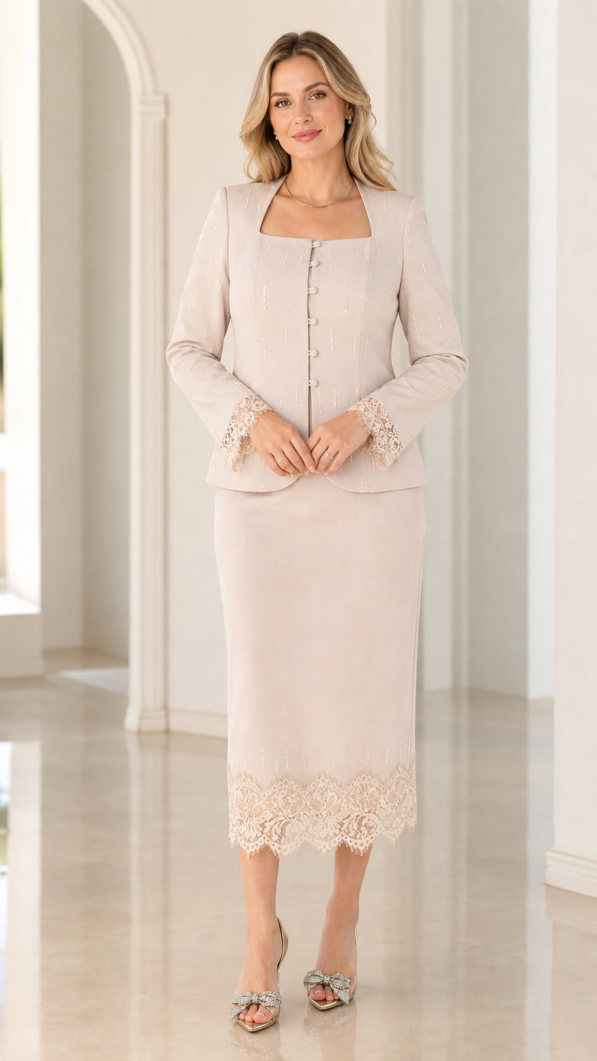 Front full view of women's champagne two-piece skirt suit with lace trim