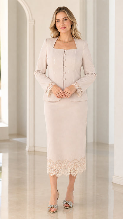 Front full view of women's champagne two-piece skirt suit with lace trim