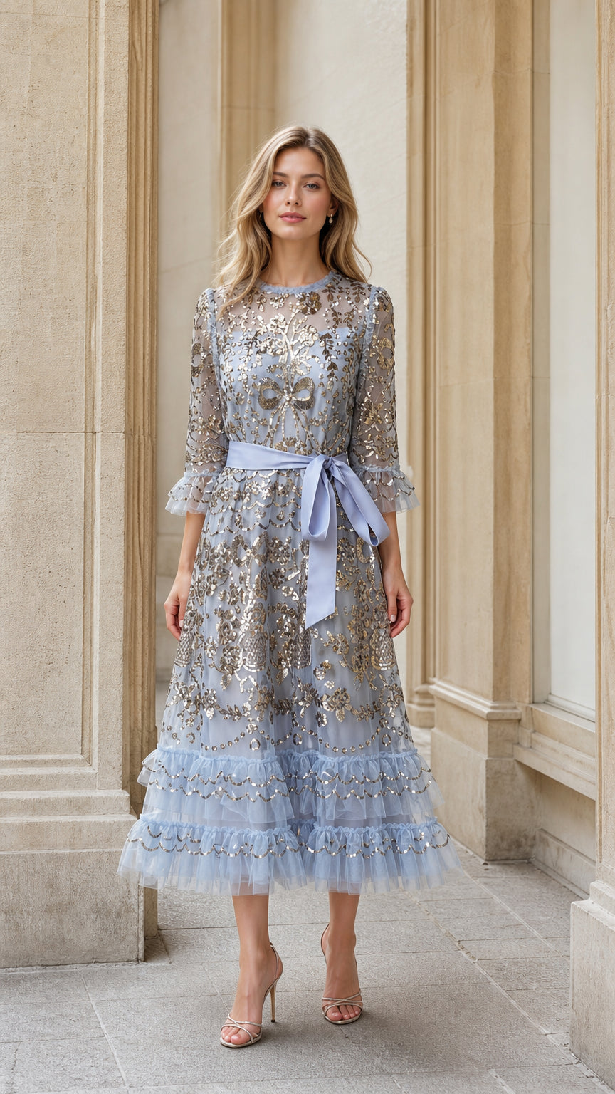 Front view of light blue sequin embroidered tulle midi dress
