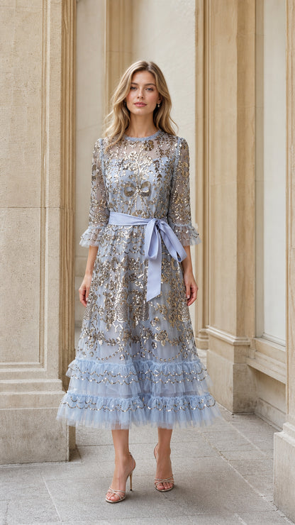Front view of light blue sequin embroidered tulle midi dress
