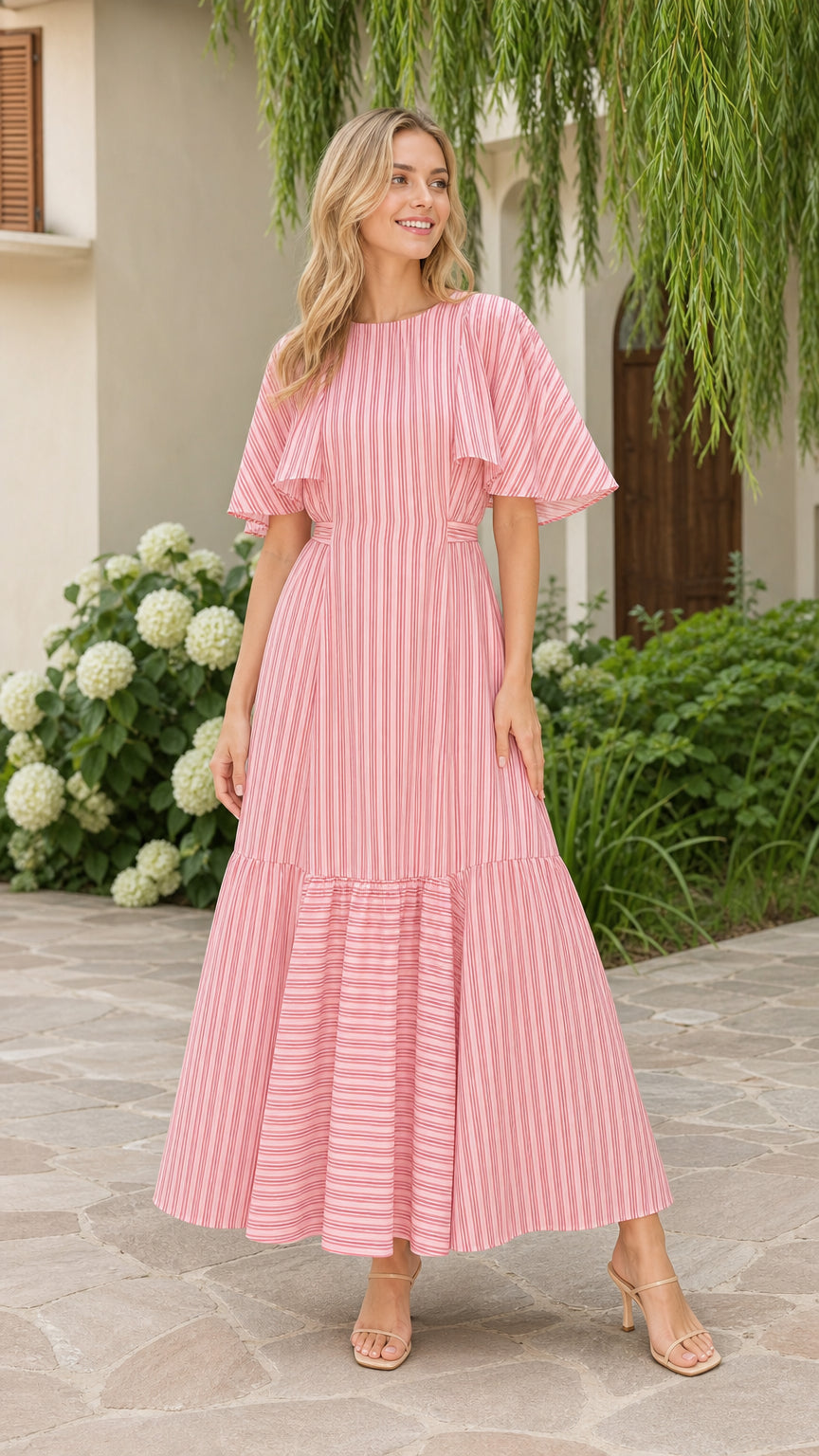 Front view of model wearing pink striped flutter sleeve tiered maxi dress