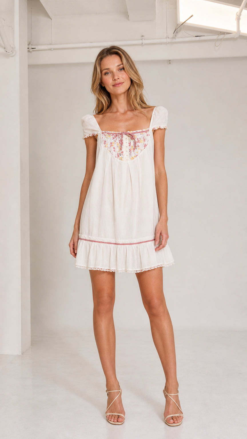 White floral bib babydoll mini dress front view on model