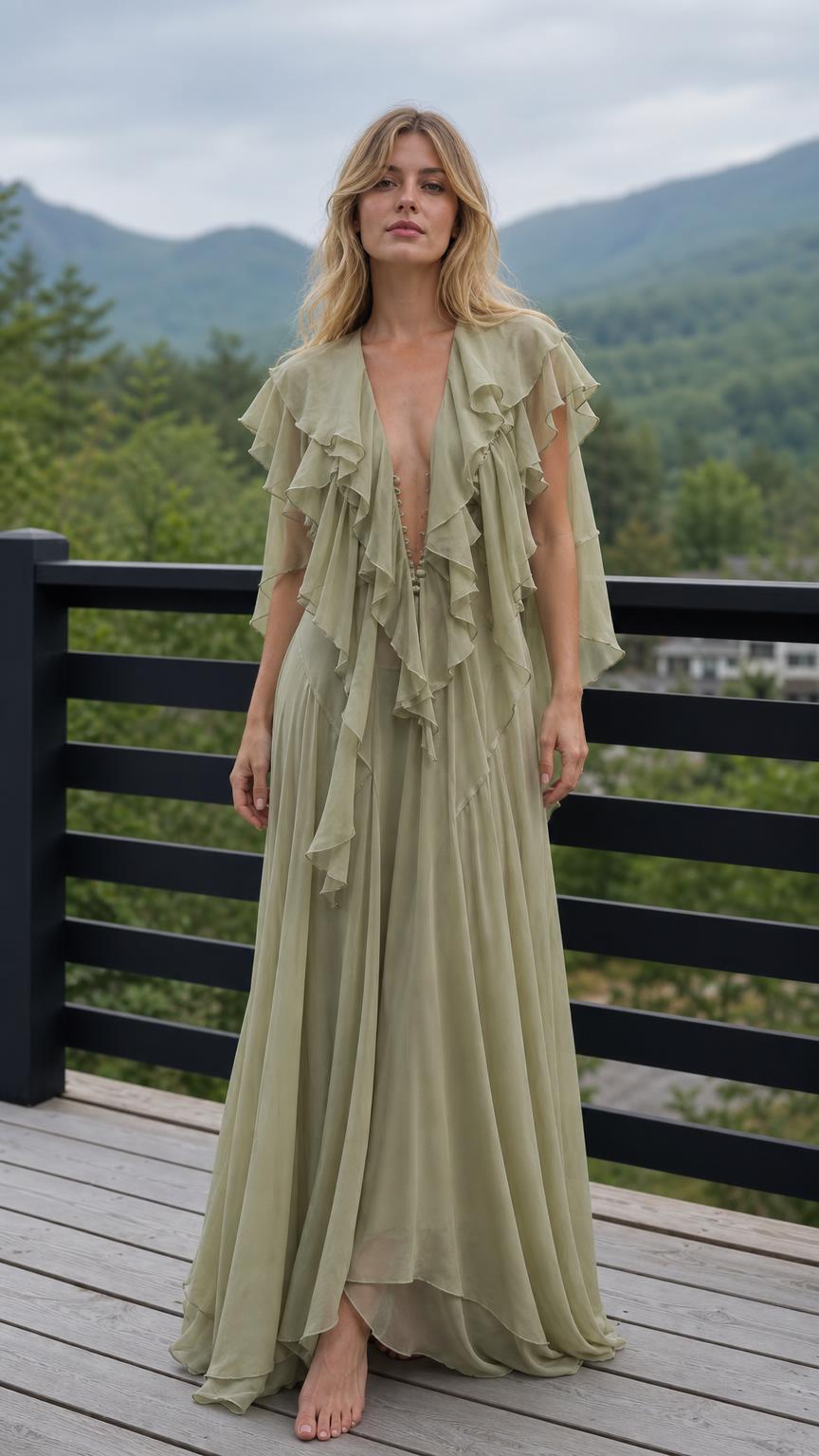 Ethereal Ruffled V-Neck Maxi Dress in Sage Green front view on outdoor deck