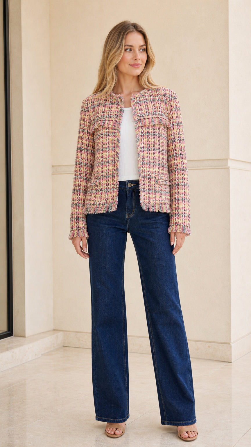 Model wearing multi pink tweed jacket front view