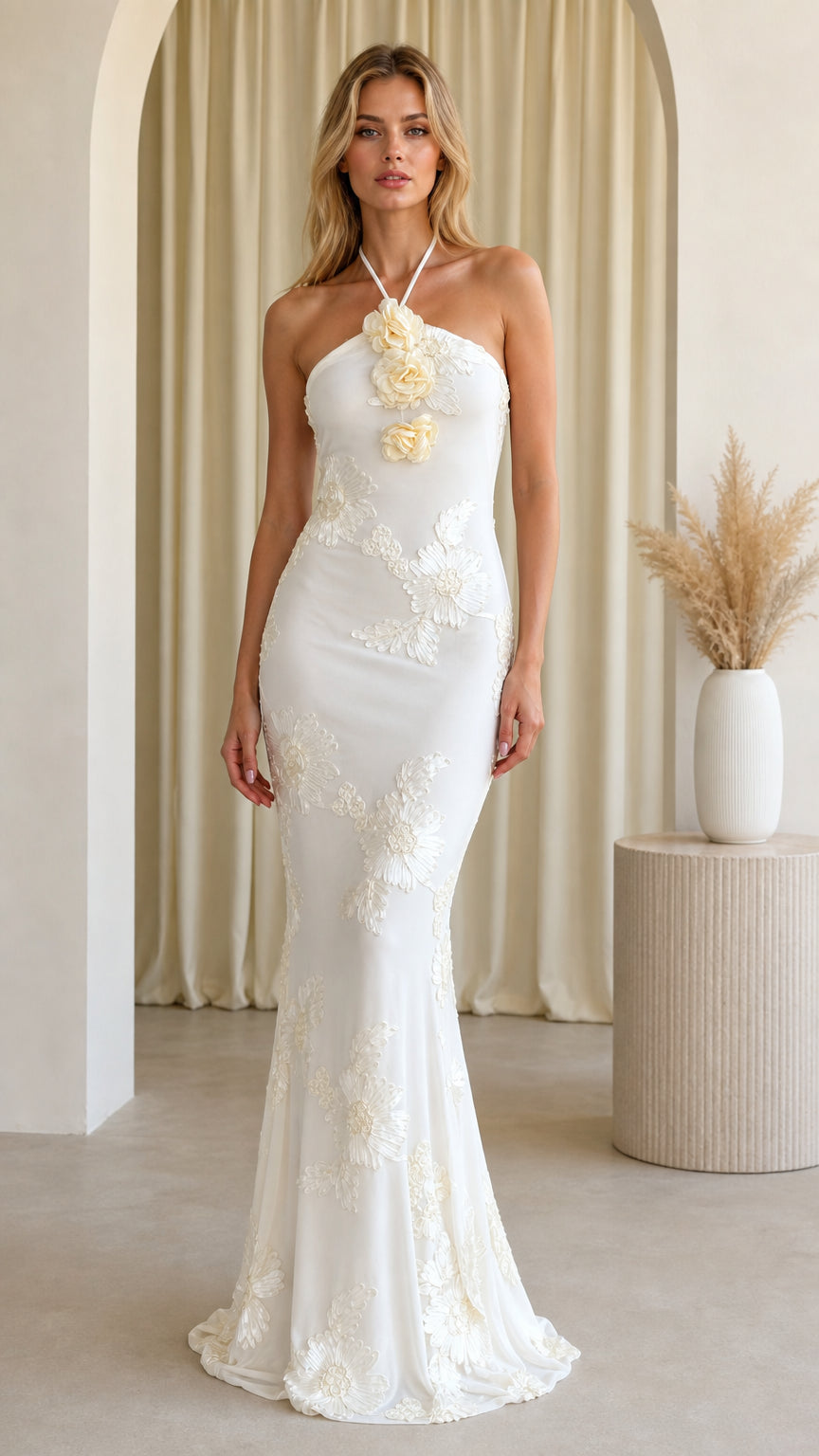 Front full-length view of Ivory White halterneck 3D floral applique mermaid dress