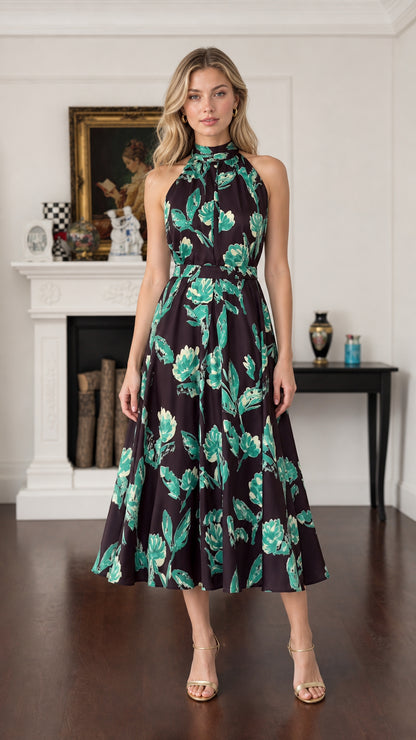 Front view of model wearing Black Floral high neck halter midi dress