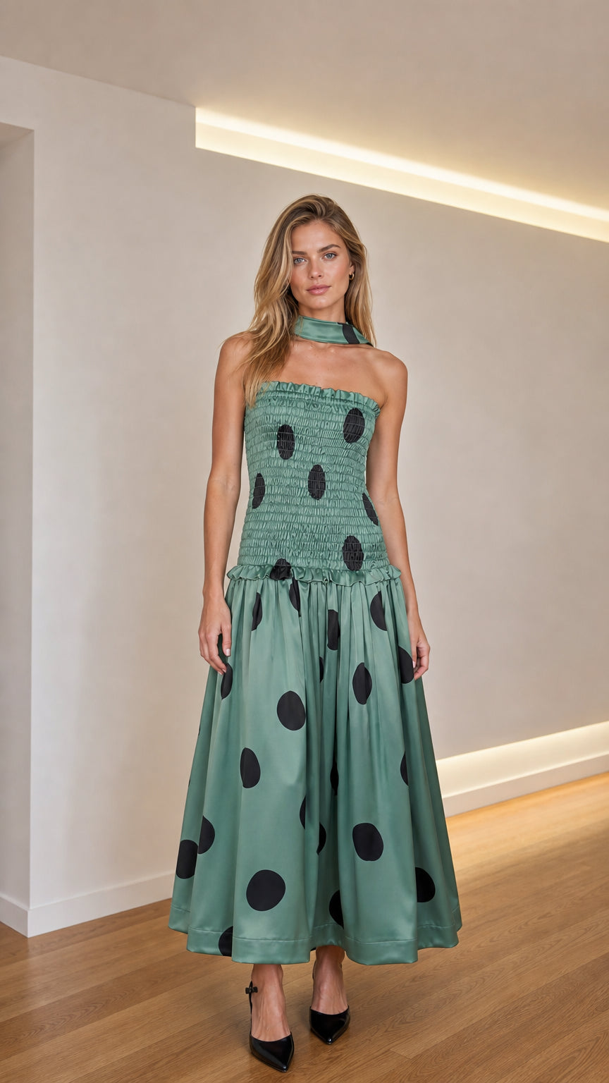 Front view of model wearing sage green polka dot midi dress