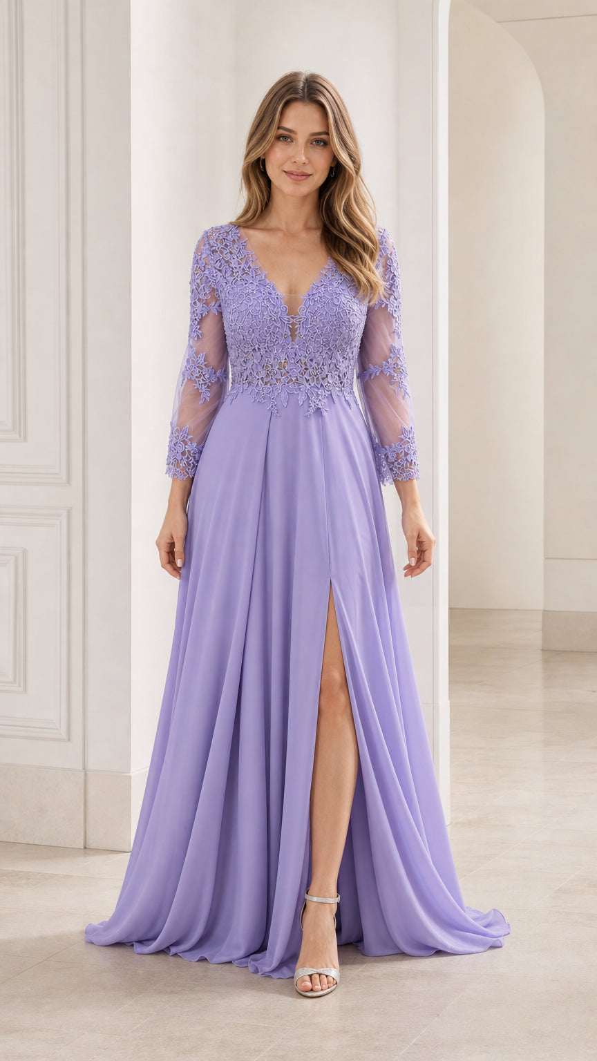 Full front view of the lavender lace evening gown with slit