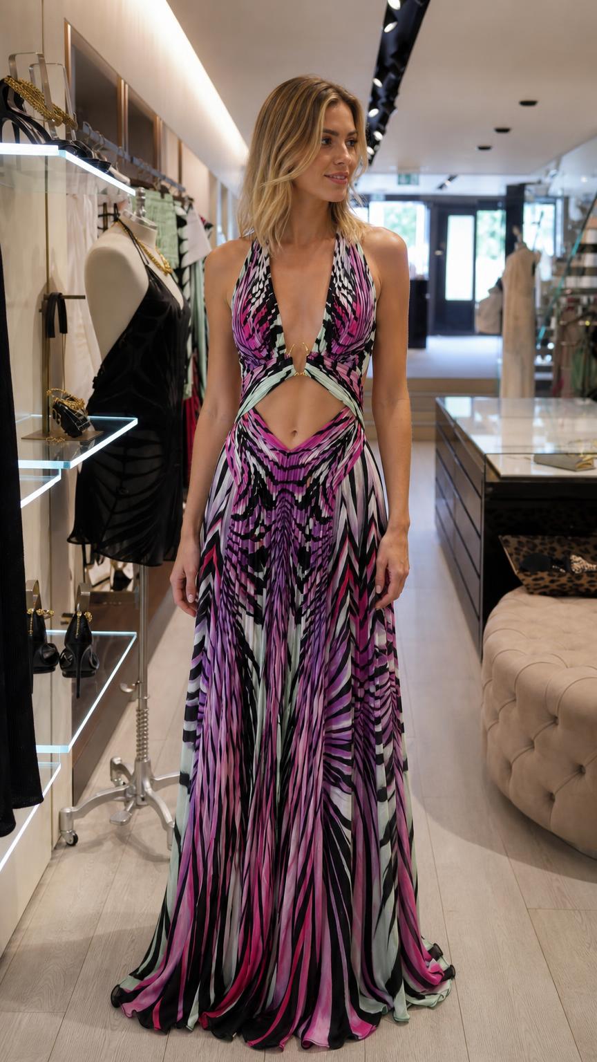 Front view of model wearing purple multi plunge halter cutout maxi dress