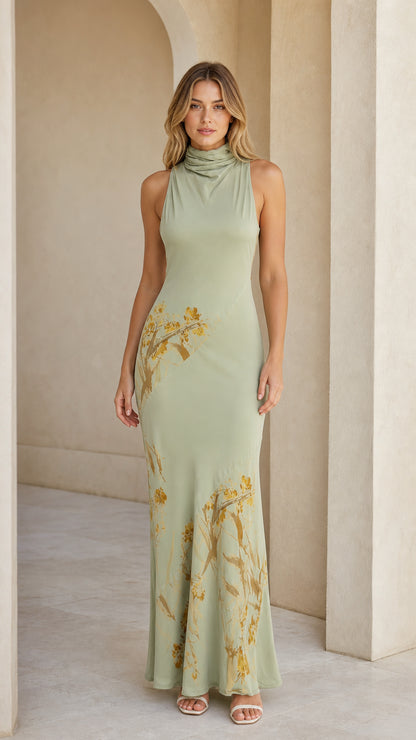 Front view of Sage Green floral print cowl neck maxi dress