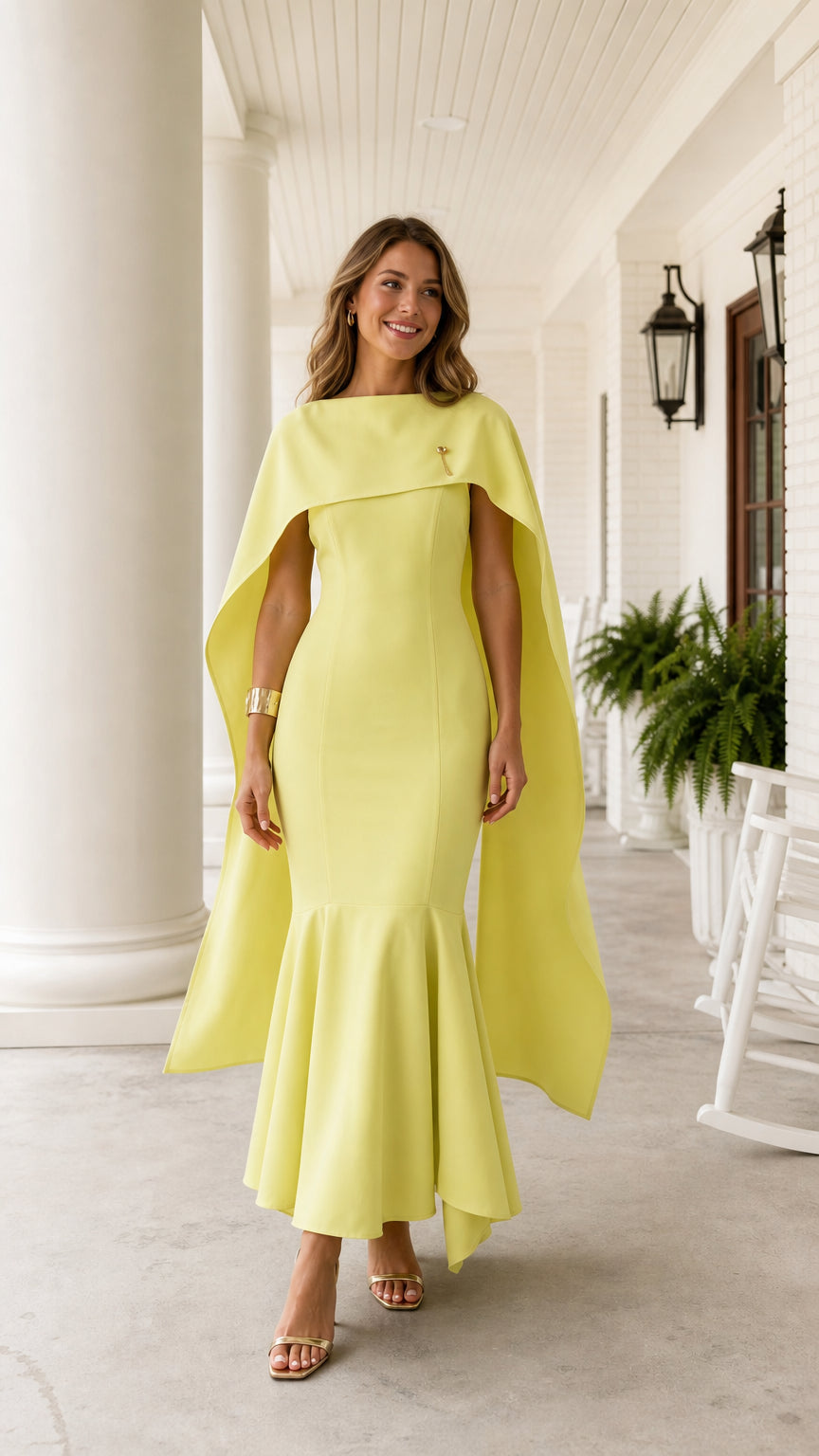 Front view of model wearing lime yellow cape sleeve mermaid evening gown