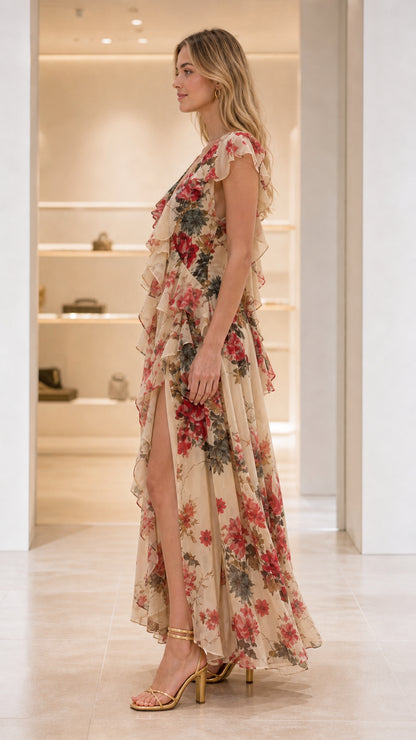 Side angle view of Champagne Floral tiered ruffle maxi dress highlighting movement and slit
