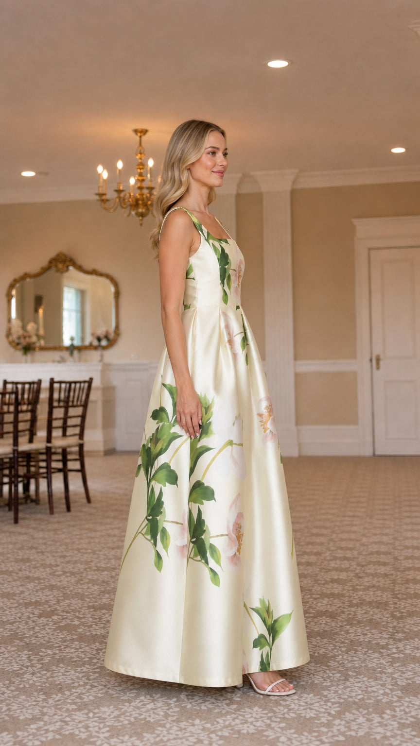 Ivory floral maxi dress shown from a side angle