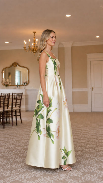 Ivory floral maxi dress shown from a side angle