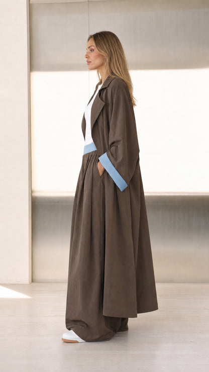 Side profile view of Mocha Brown longline duster and wide palazzo trousers