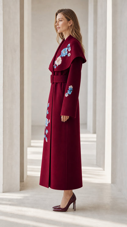 Side profile of Burgundy embroidered coat