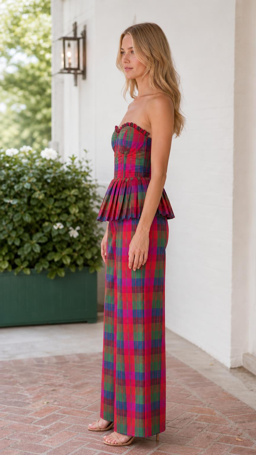 Model wearing red multi plaid set, side view
