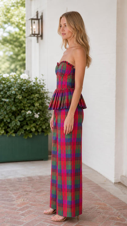 Model wearing red multi plaid set, side view