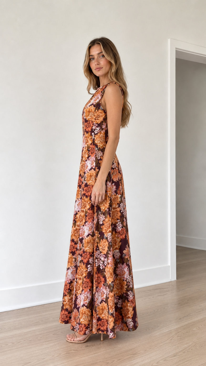 Side view of woman wearing burgundy floral print maxi dress