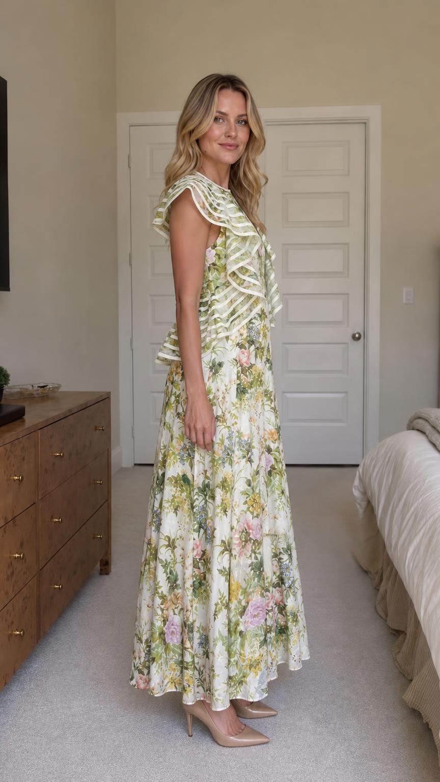 Side profile of woman in white floral maxi dress