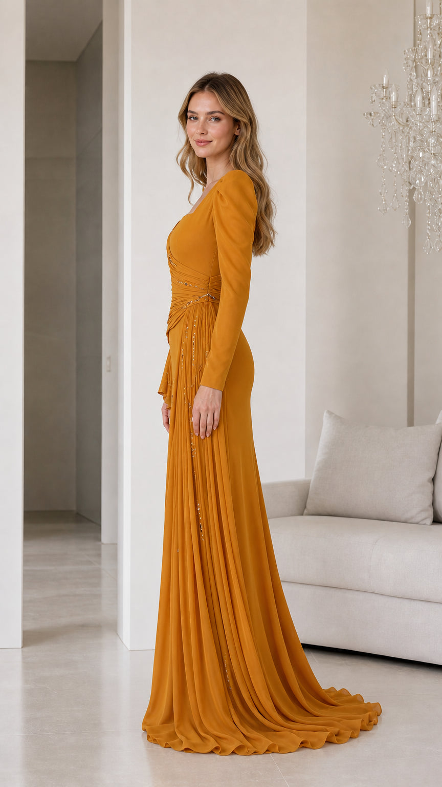 Side profile of mustard yellow evening gown with train