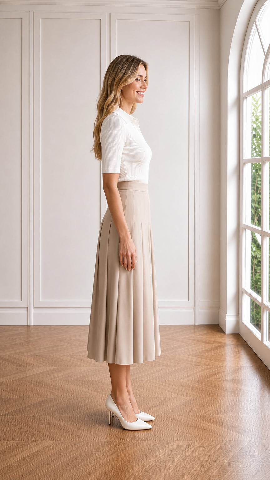 Side profile view of beige pleated midi skirt showing A-line flare and drape
