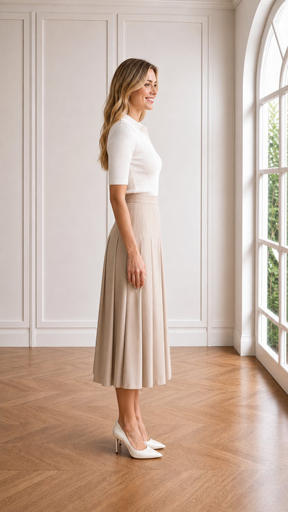 Side profile view of beige pleated midi skirt showing A-line flare and drape