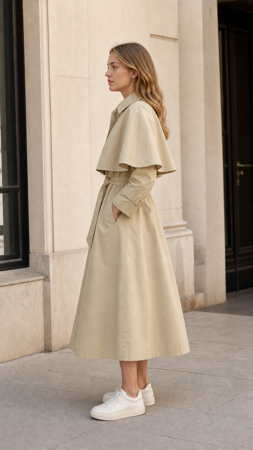 Side profile of woman wearing beige cape overlay midi trench coat