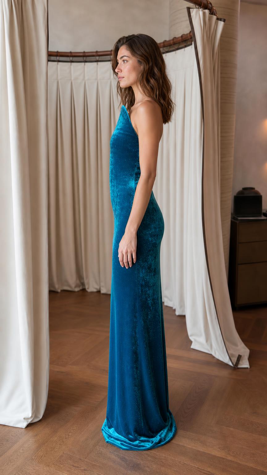 Side profile view of model in Teal velvet maxi dress