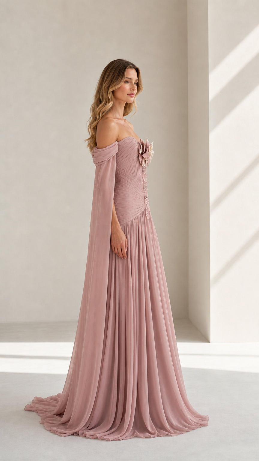 Side profile view of dusty pink evening gown