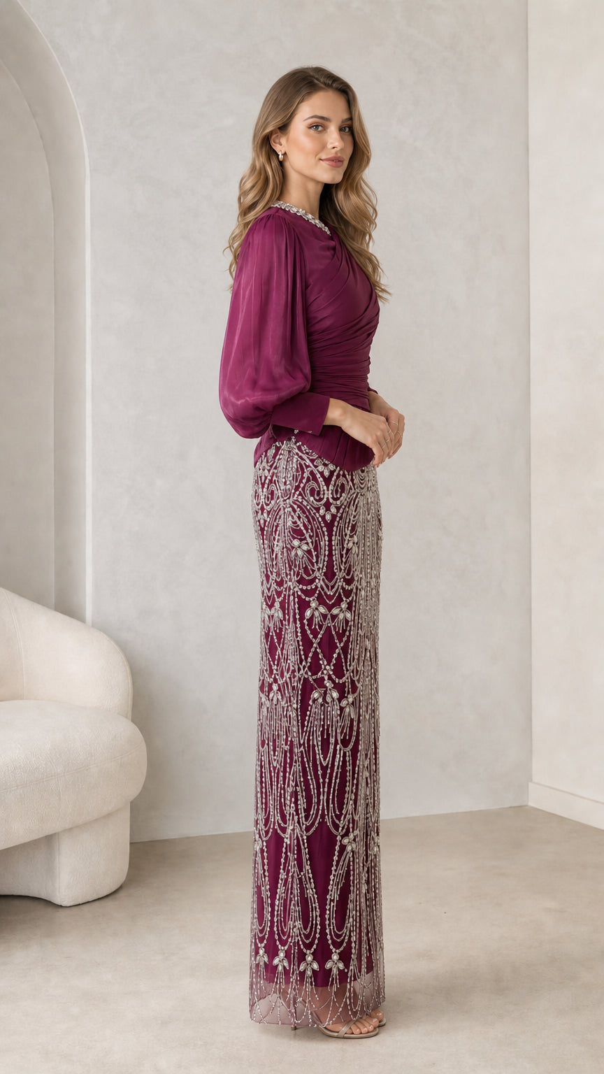 Side profile view of burgundy evening dress