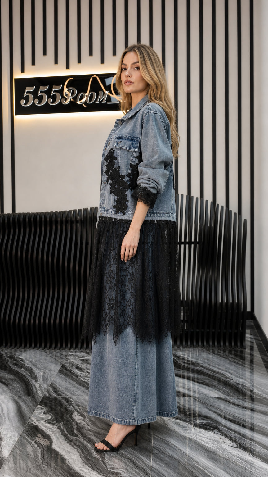 Side profile of model in blue denim lace-trimmed jacket and pants set