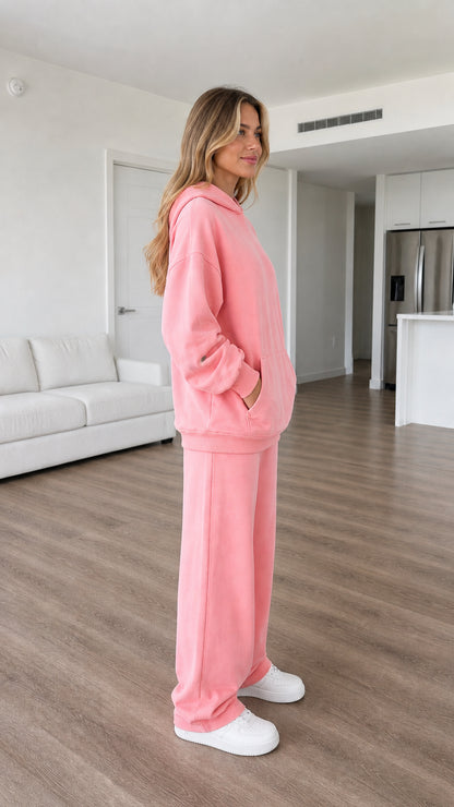 Side profile of pink hoodie and wide-leg sweatpants loungewear set