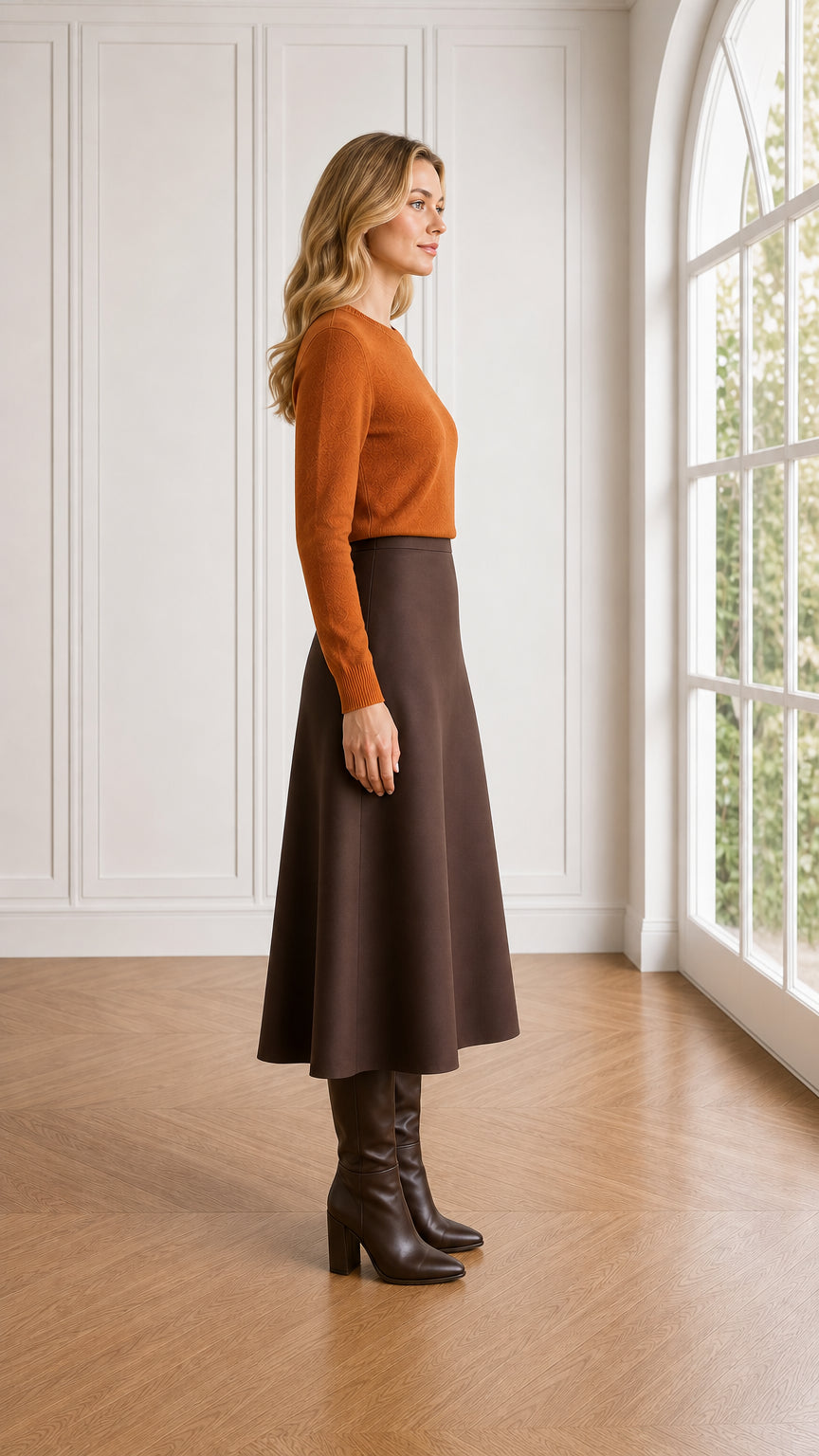 Side profile view of model wearing rust long sleeve knit sweater and brown A-line skirt