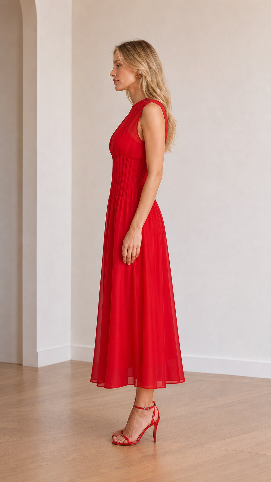 Side profile view of red midi dress