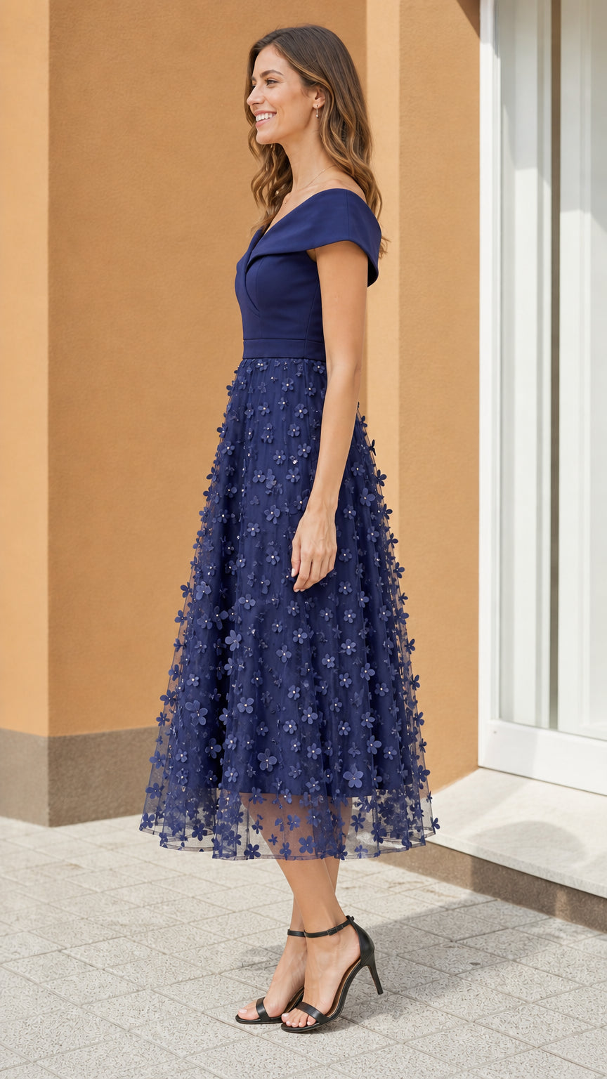 Side profile view of Navy Blue midi dress