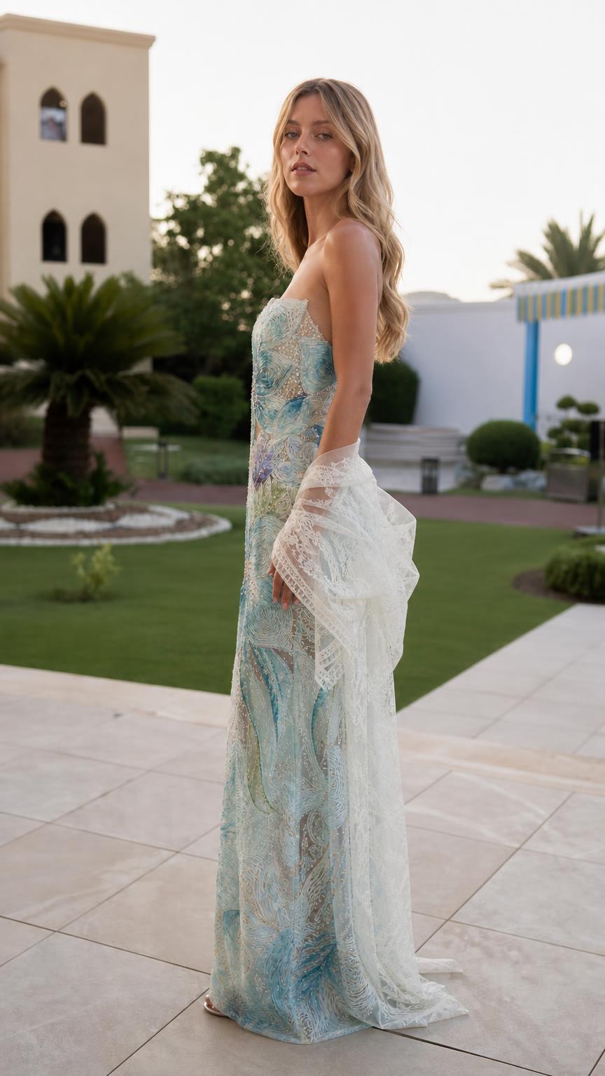 Side profile view of light blue embroidered dress